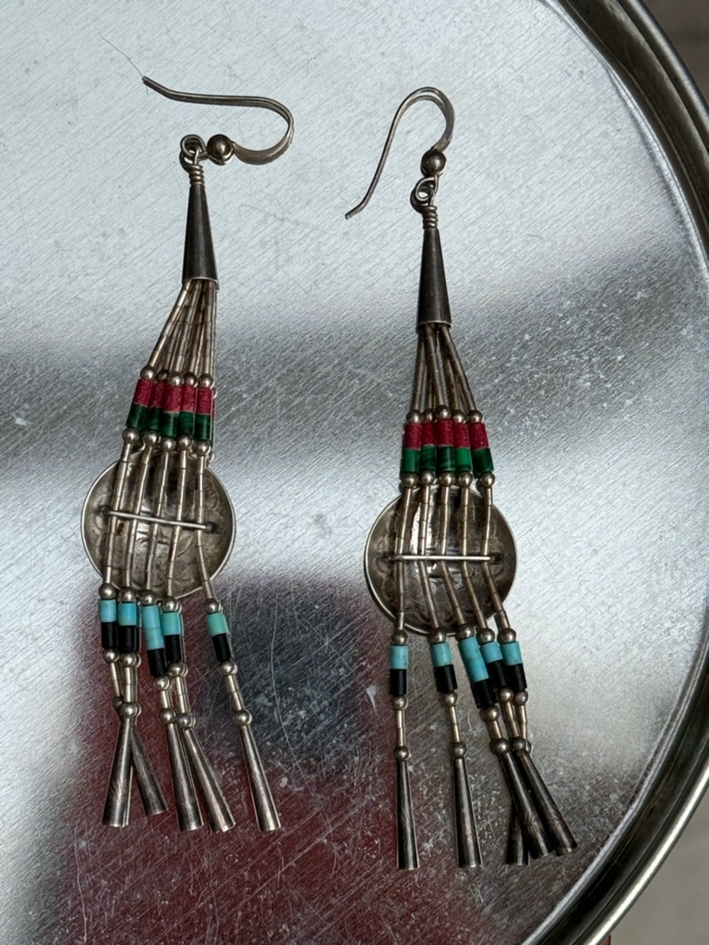 Vintage Native American Sterling Silver Sun Face Heishi Bead Dangle Earrings 925 - Picture 2 of 7